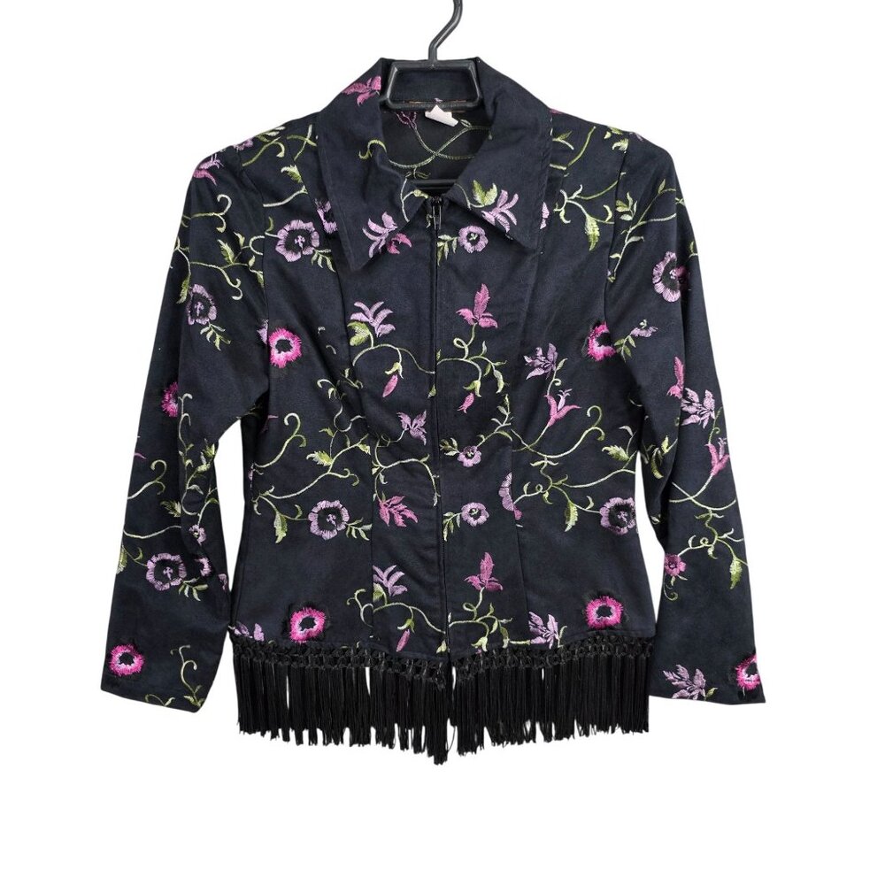Womens Ranch Dressing Black Floral Embroidered Jacket Fringe Hem Polyester S